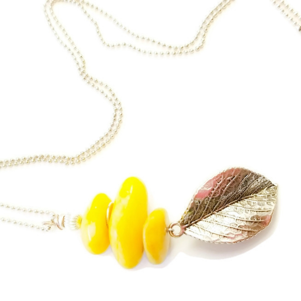 Yellow Magnesite Leaf Pendant Necklace
